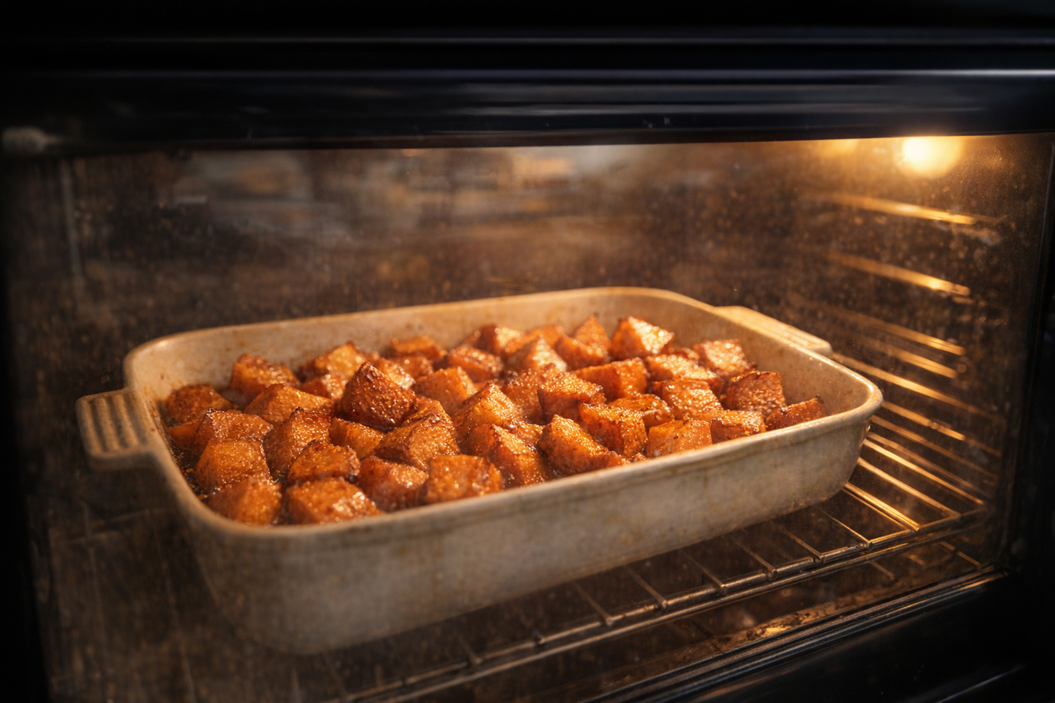 An action shot of yams roasting in the oven, visible through the glass door, golden brown color, warm light
